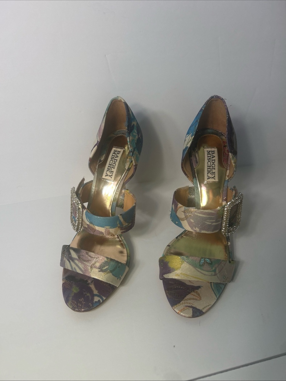 Badgley Mischka Women's Blue Satin Floral Embellished Evening Sandal
